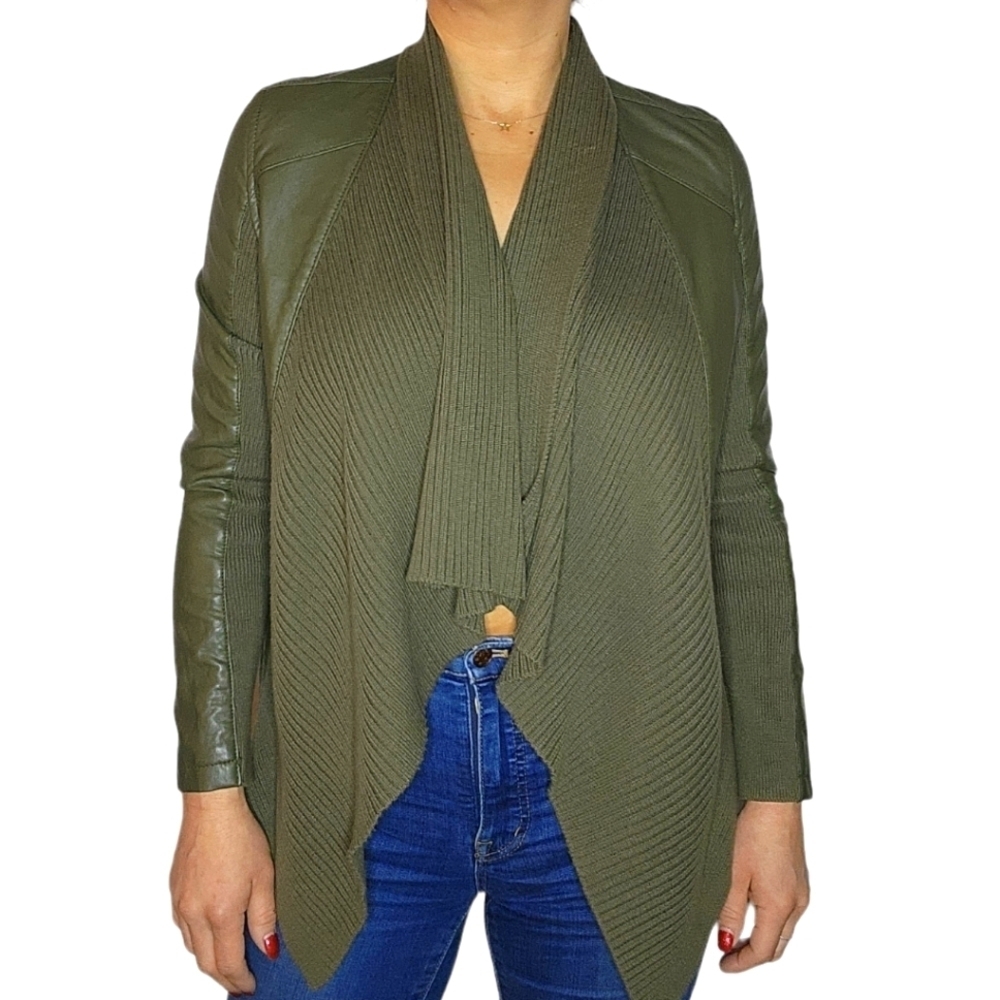 Blank NYC Faux Leather Cotton Mix Open Jacket Green X Small
